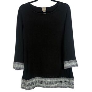 Chicos Black White 3/4 Sleeve Embroidered Stretched Hem Wrist Casual Med Tunic